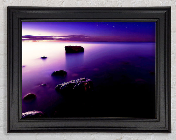 Foggy Purple Shore At Sunset Framed Print