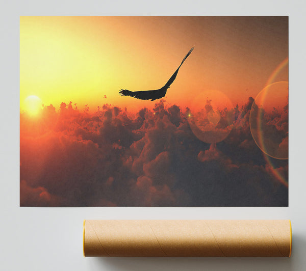 Eagle Flying In The Burnt Orange Sky Print