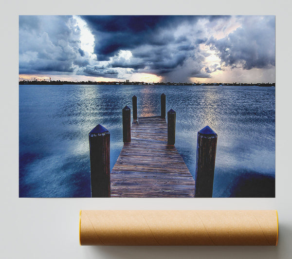 Pontoon Out To Sea Blue Poster