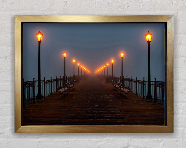 Foggy Pier Night Walk Framed Print