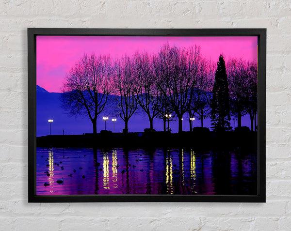 Surreal Pink Skies Over The Purple Lake Framed Print