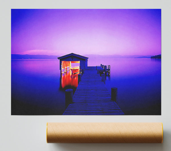 Tranquil Lake Boat House Purple Print
