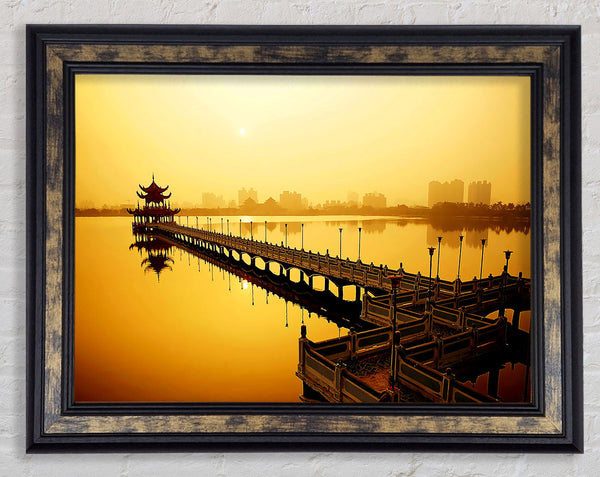 Tranquil Pier Walk Yellow Framed Print