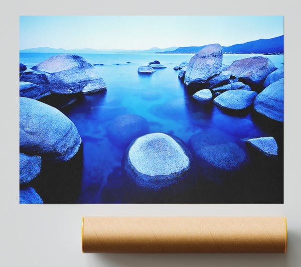 Blue Tranquil Ocean Rocks Poster