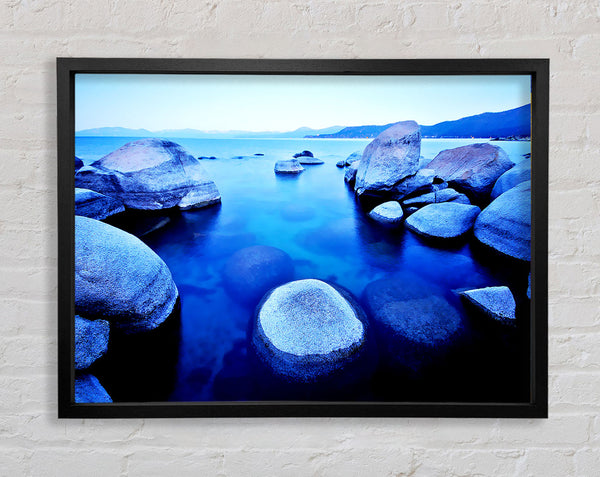 Blue Tranquil Ocean Rocks Framed Print