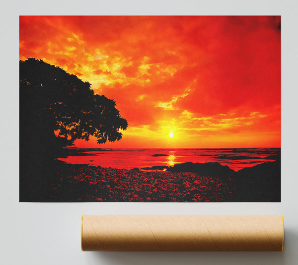 Stunning Orange Skies Over Ocean Poster
