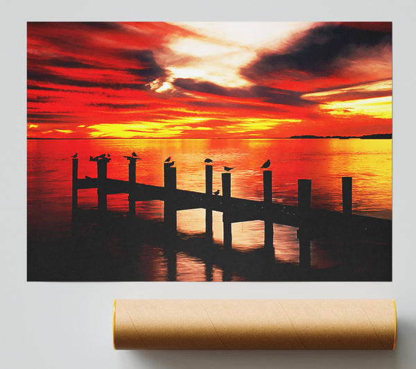 Pier Fire Sky Poster