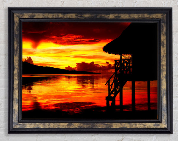 Red Beach Hut Ocean Framed Print