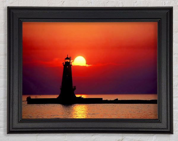 Lighthouse Sunset Red Framed Print