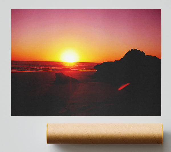 Pink Sunset Horizon Over The Ocean Rocks Print