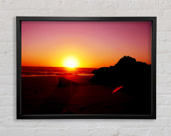 Pink Sunset Horizon Over The Ocean Rocks Framed Print
