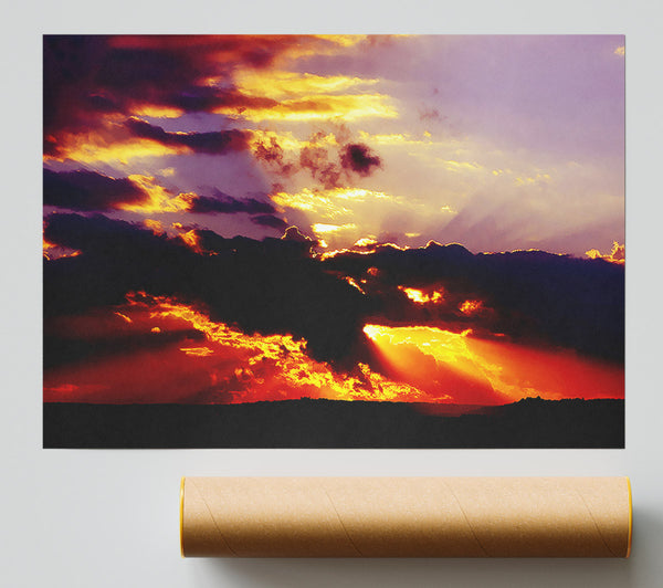 Red Sunrays Through The Clouds Print