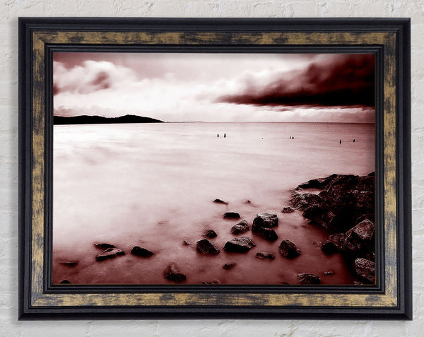 Misty Calm Ocean Rocks Framed Print