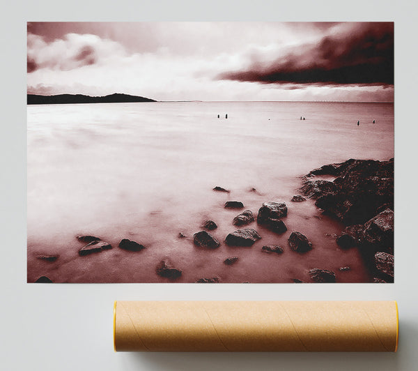 Misty Calm Ocean Rocks Poster