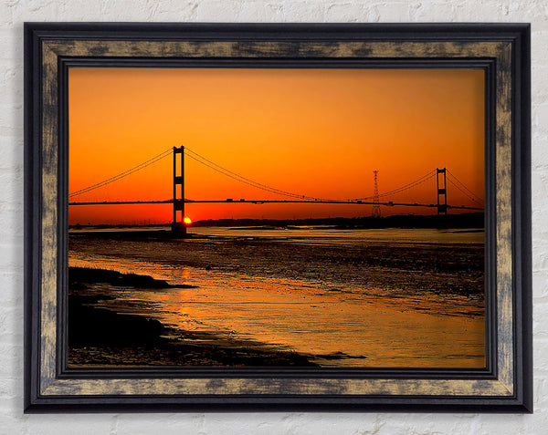Bridge Afar Orange Sunset Framed Print