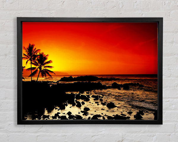 Stunning Palm Tree Ocean Rocks Framed Print