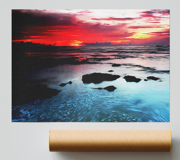 Lava Red Skies Over The Turquoise Ocean Poster