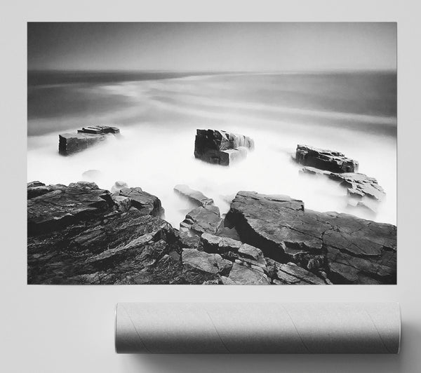 Surreal Ocean Rocks B N W Poster