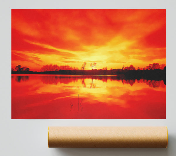 Stunning Lake At Sunset Orange Poster