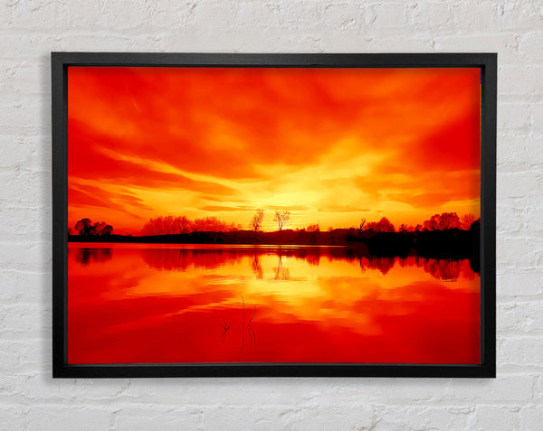 Stunning Lake At Sunset Orange Framed Print