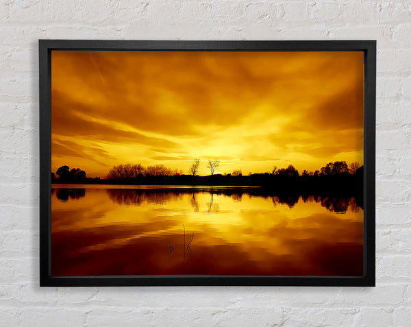 Stunning Lake At Sunset Golden Framed Print