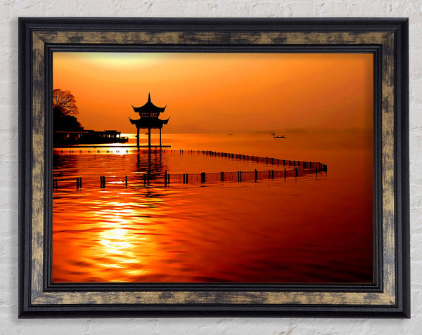 Sunset Orange Lake Calm Framed Print