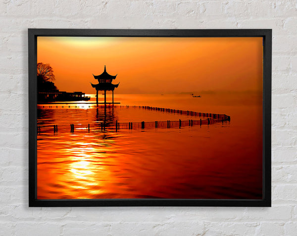 Sunset Orange Lake Calm Framed Print