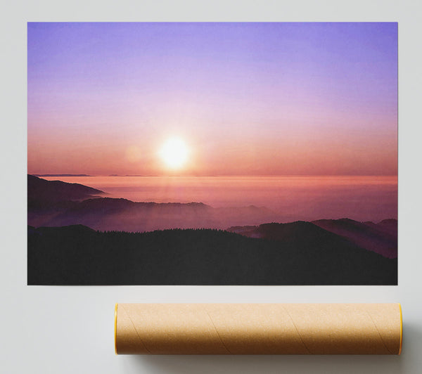 Mountain Fog At Sunset Poster