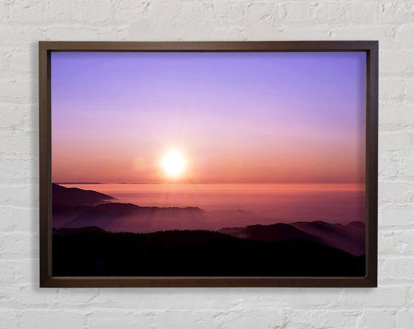 Mountain Fog At Sunset Framed Print