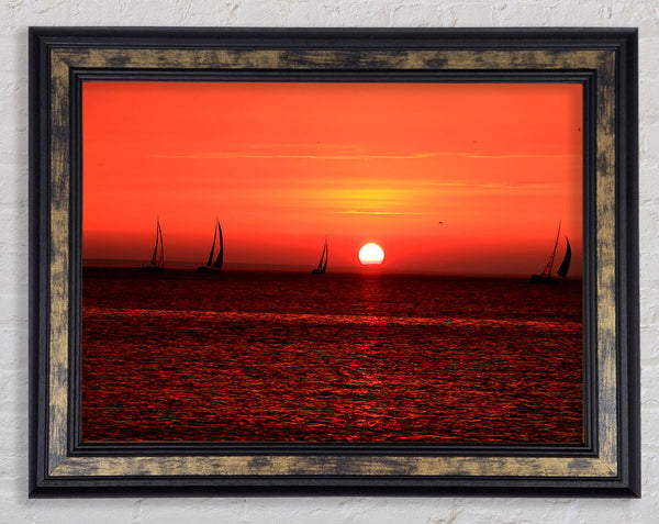 Sunset Boats In The Ocean Framed Print