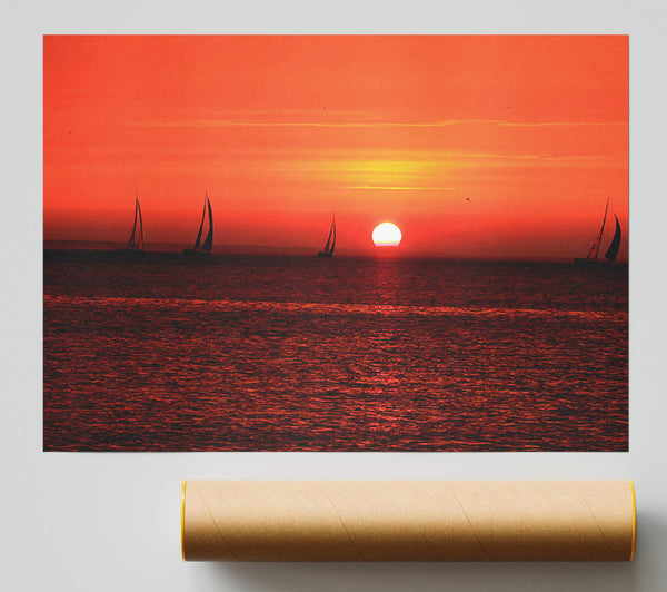 Sunset Boats In The Ocean Giclee Print