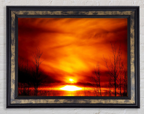 Orange Sunblaze Through The Misty Sky Framed Print