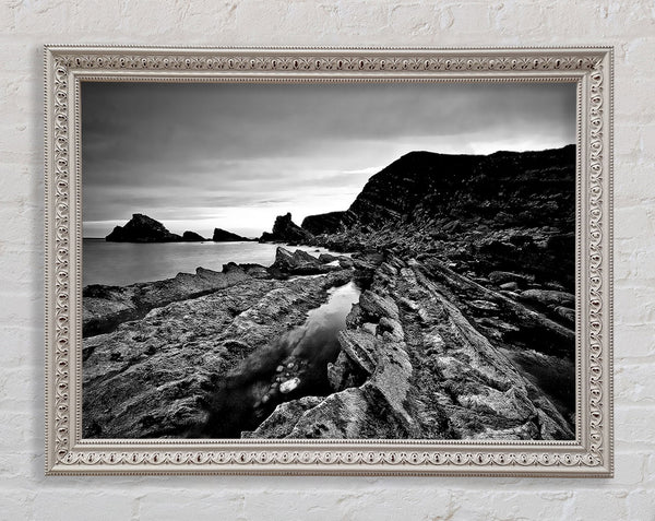 B n W Cliffs Around The Ocean Framed Print