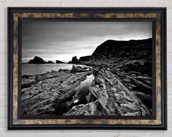 B n W Cliffs Around The Ocean Framed Print