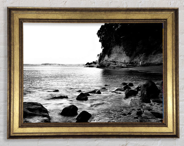 Black And White Sparkle Ocean Rocks Framed Print