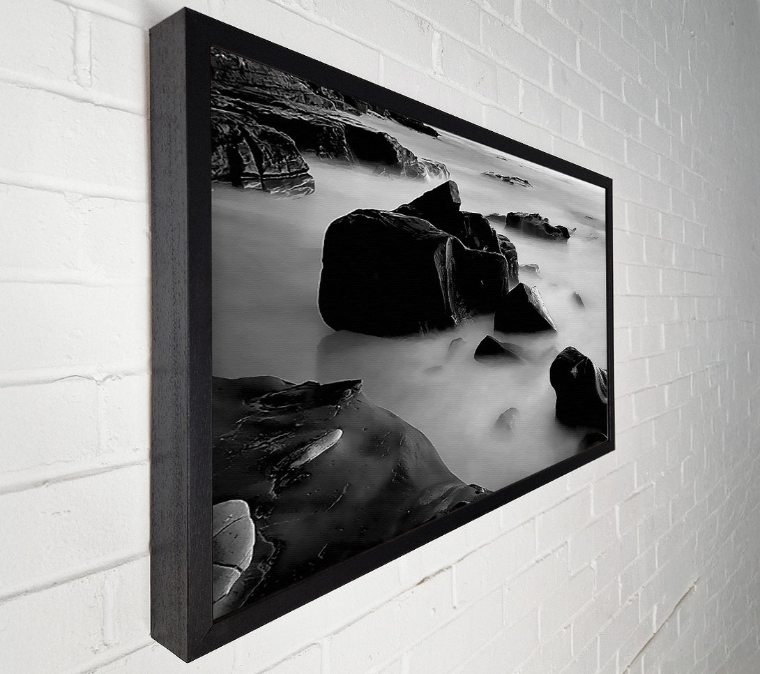  A Canvas Print of Misty Calm Ocean Rocks Black n White Canvas Art