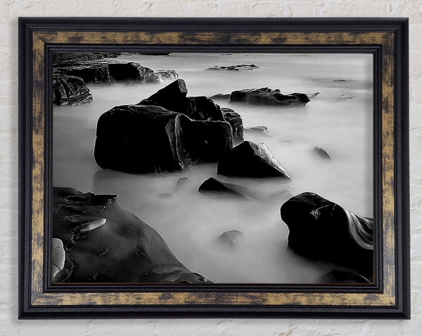Misty Calm Ocean Rocks Black n White Framed Print
