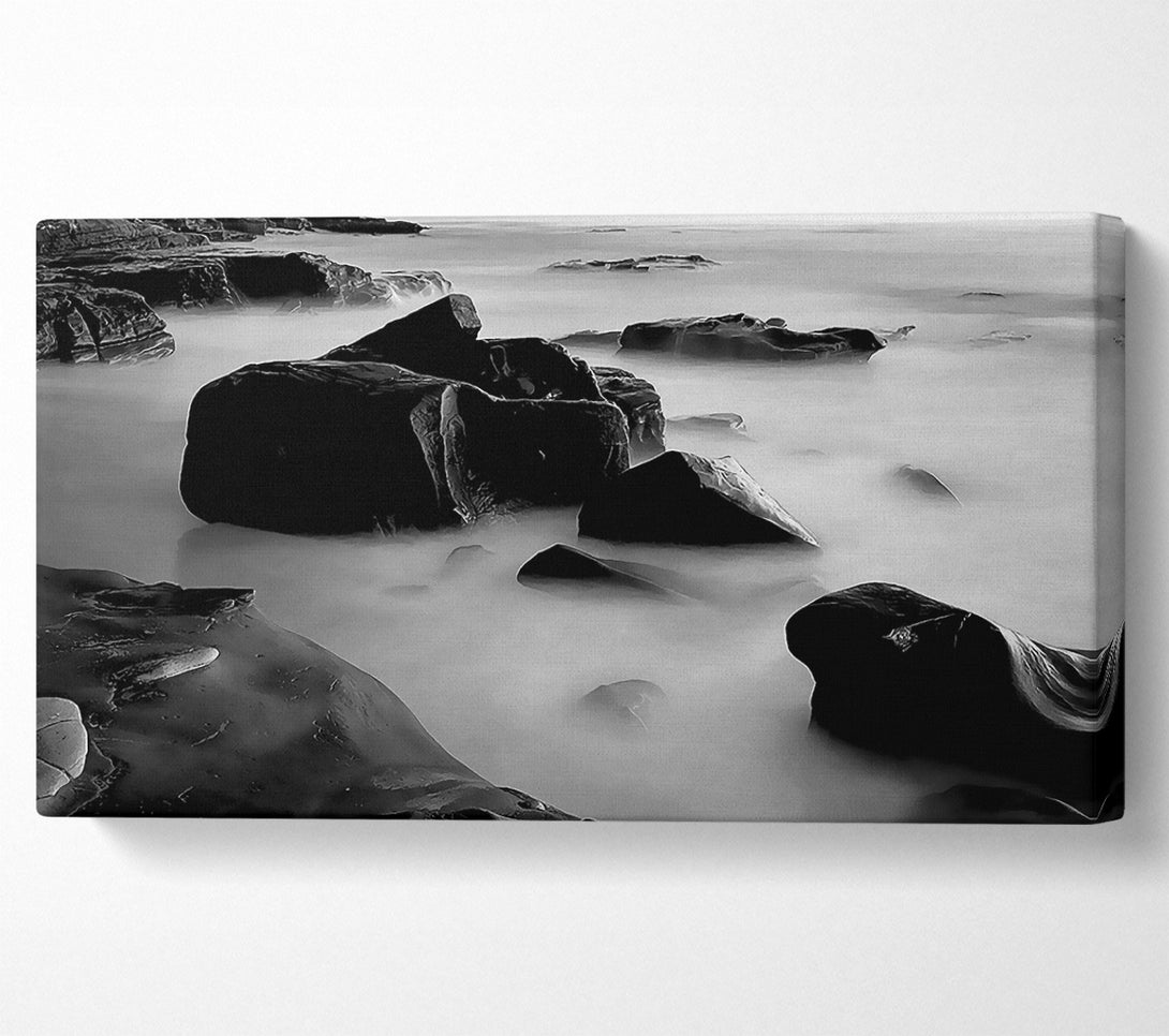 A Canvas Print of Misty Calm Ocean Rocks Black n White Canvas Art