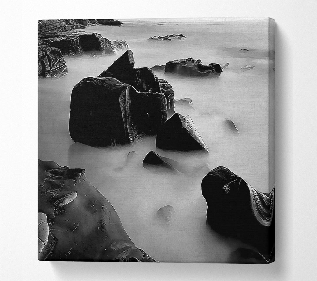  A Canvas Print of Misty Calm Ocean Rocks Black n White Canvas Art