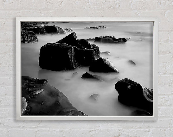 Misty Calm Ocean Rocks Black n White Framed Print