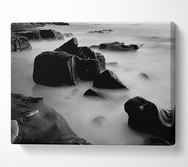  A Canvas Print of Misty Calm Ocean Rocks Black n White Canvas Art