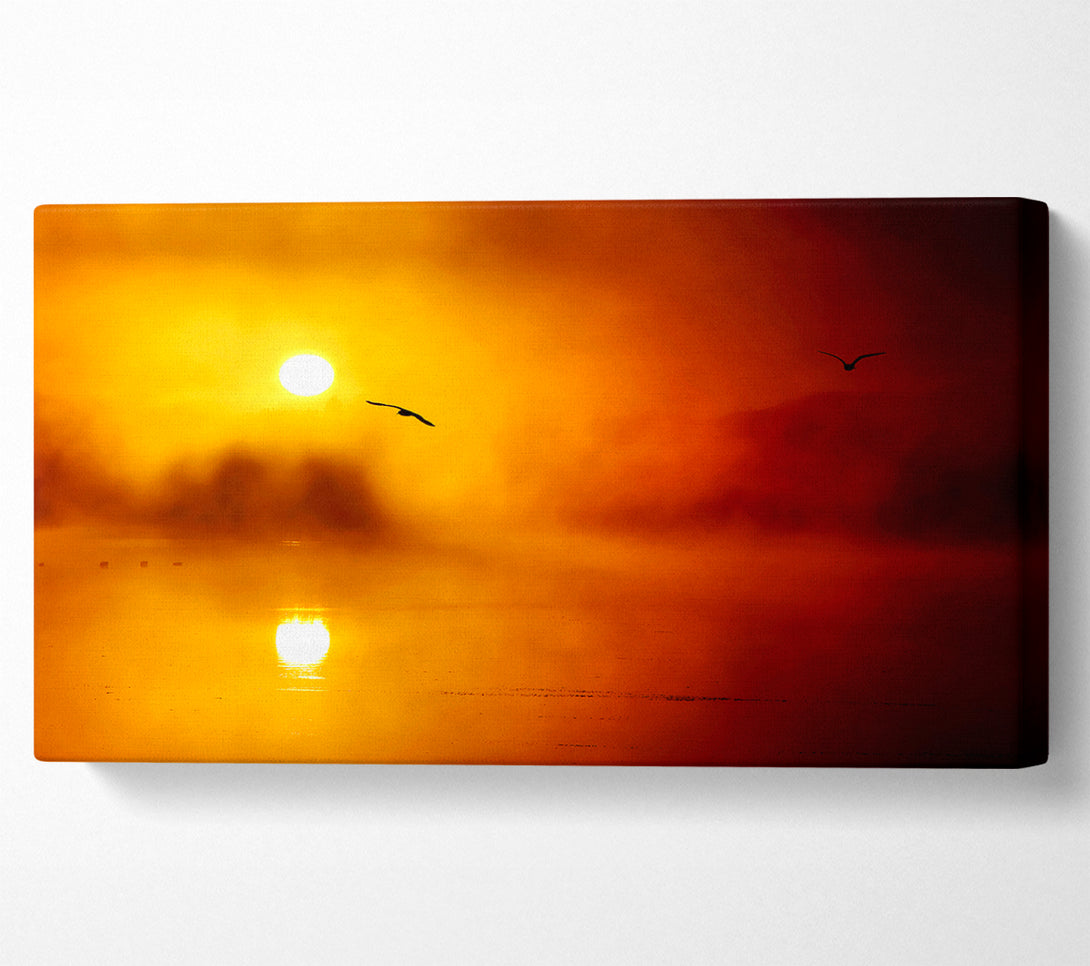  A Canvas Print of Birds Over The Golden Misty Lake Canvas Wall Art