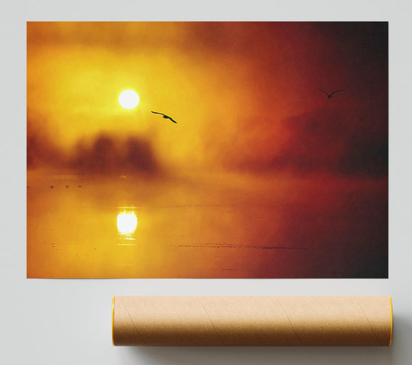 Birds Over The Golden Misty Lake Giclee Print