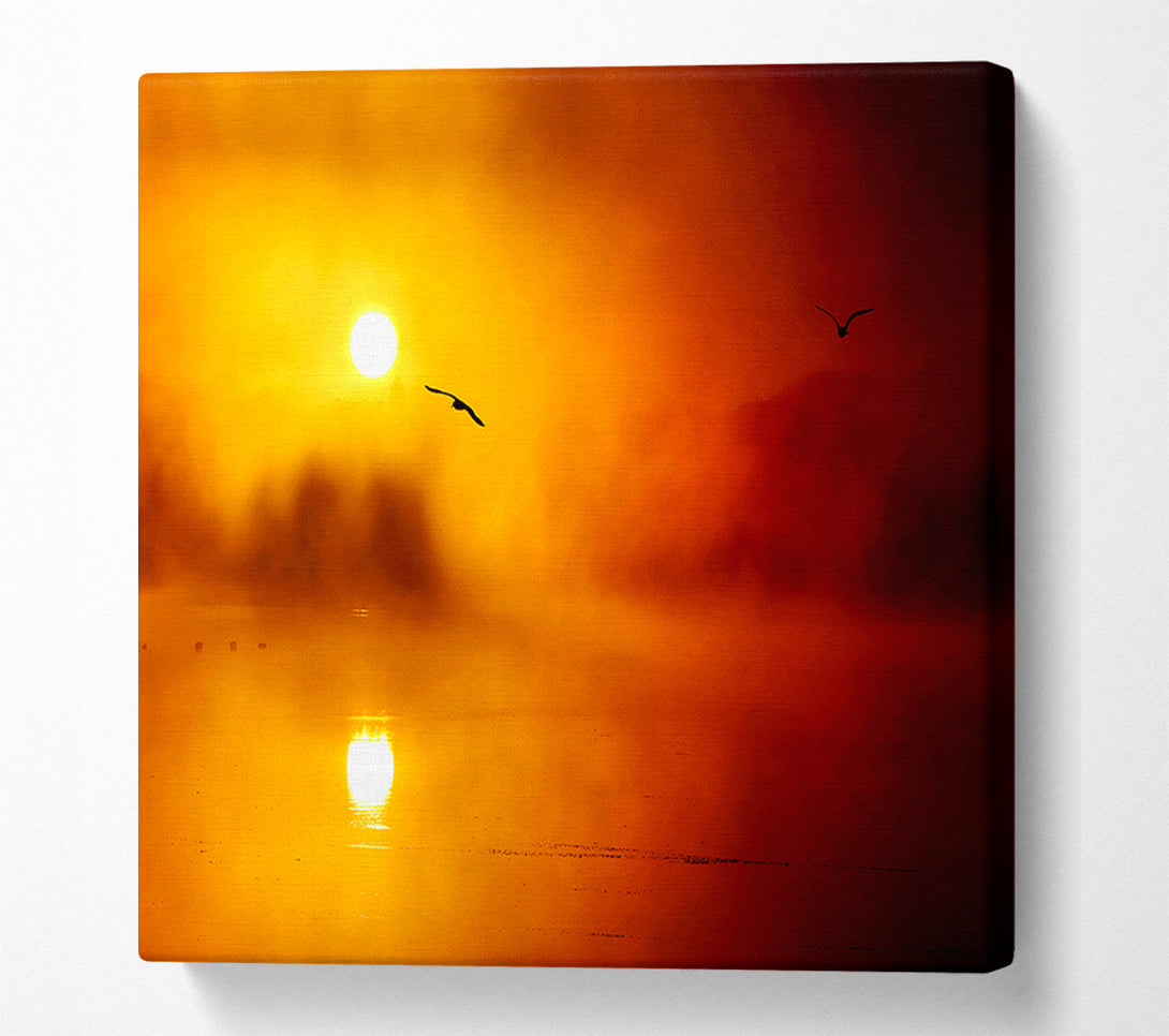  A Canvas Print of Birds Over The Golden Misty Lake Canvas Wall Art