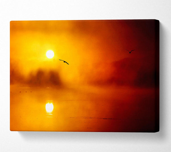  A Canvas Print of Birds Over The Golden Misty Lake Canvas Wall Art