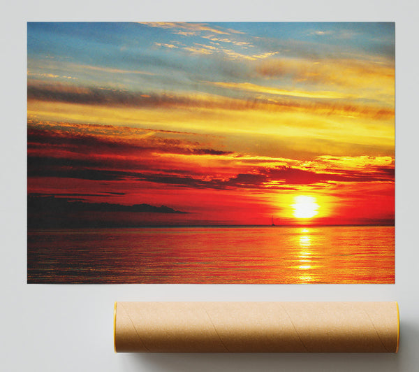Distant Ocean Sailboat Sunset Poster