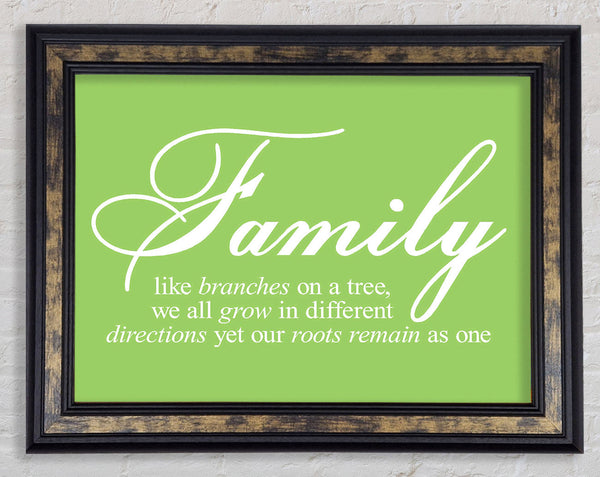 Family Quote Family We All Grow In Different Directions Lime Green Framed Print