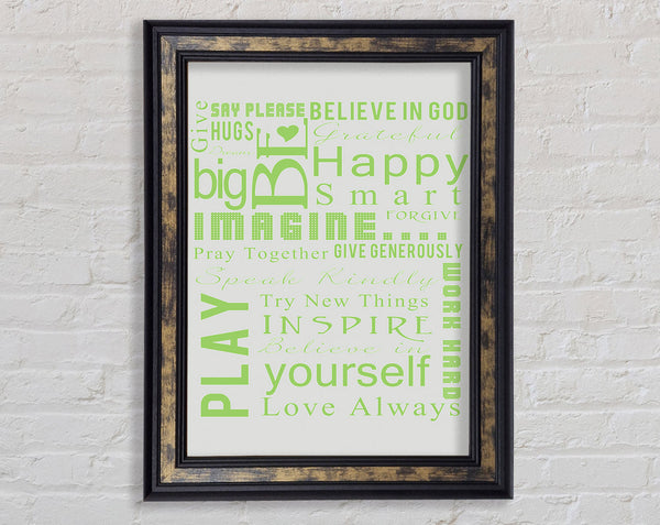 Home Quote Family Rules Be Happy Love Always Lime Green Framed Print