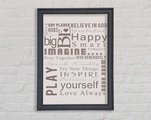 Home Quote Family Rules Be Happy Love Always Beige Framed Print