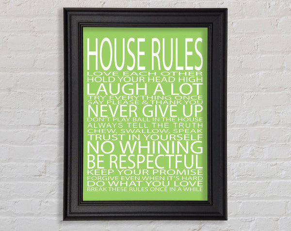 Family Quote House Rules Love Each Other Lime Green Framed Print
